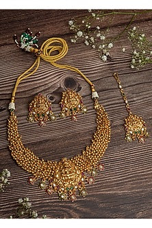 Gold Finish Gemstone & Beaded Choker Necklace Set