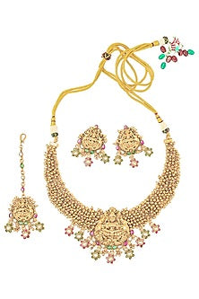 Gold Finish Gemstone & Beaded Choker Necklace Set