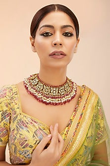 Gold Finish Kundan Polki & Multi-Colored Beaded Choker Necklace