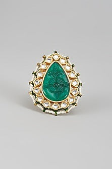 Gold Finish Kundan Polki & Emerald Stone Ring