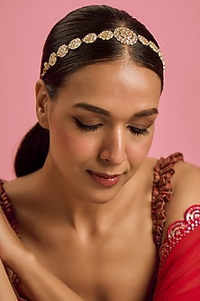 Gold Finish Kundan Polki & Beaded Headpiece