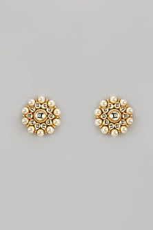 Gold Finish Kundan Polki & Pearl Stud Earrings