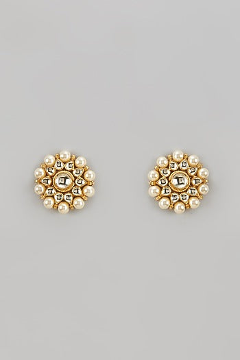 Gold Finish Kundan Polki & Pearl Stud Earrings