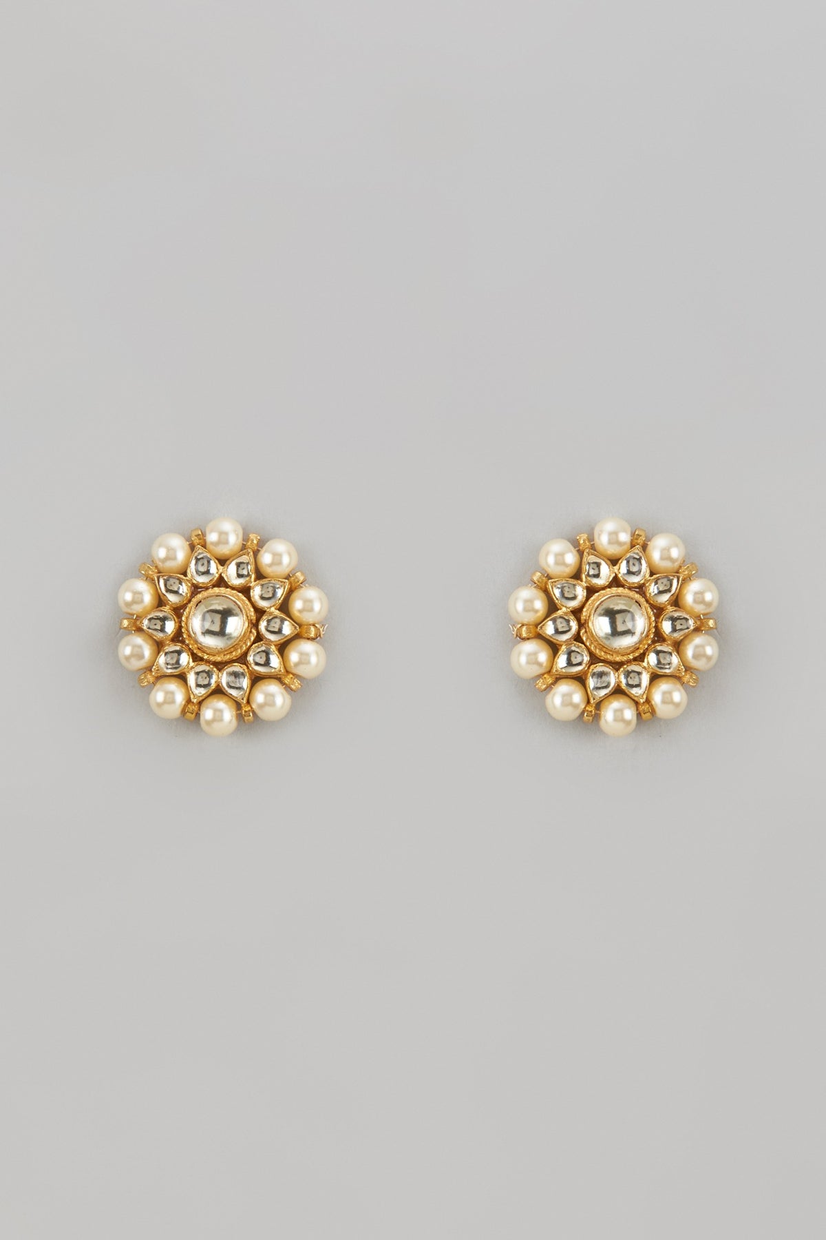 Gold Finish Kundan Polki & Pearl Stud Earrings