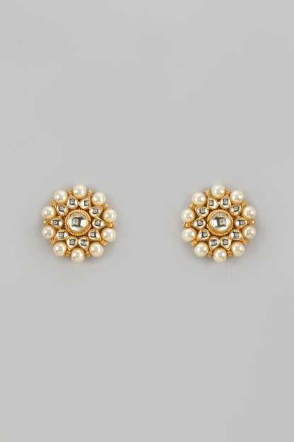 Gold Finish Kundan Polki & Pearl Stud Earrings