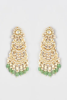 Gold Finish Kundan Polki & Green Stone Dangler Earrings
