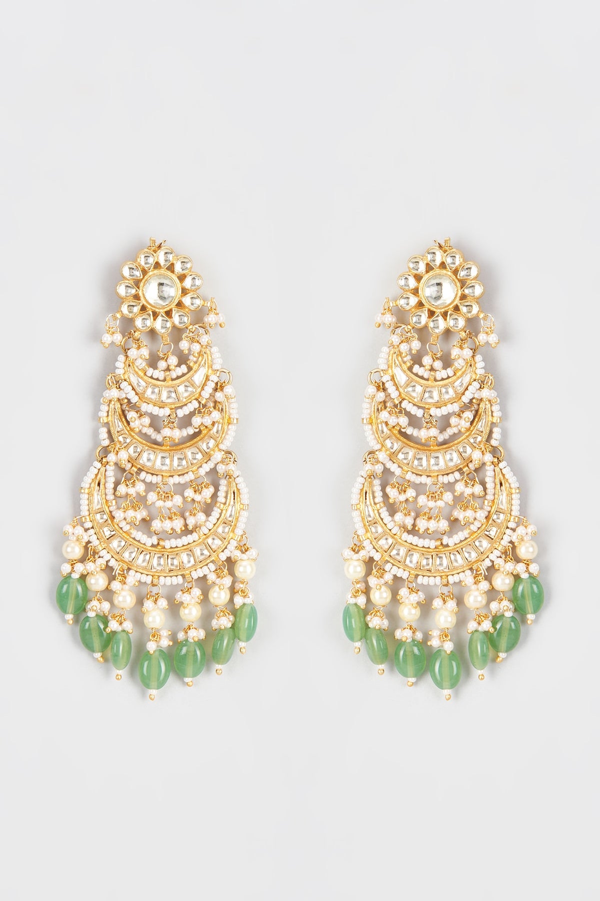 Gold Finish Kundan Polki & Green Stone Dangler Earrings