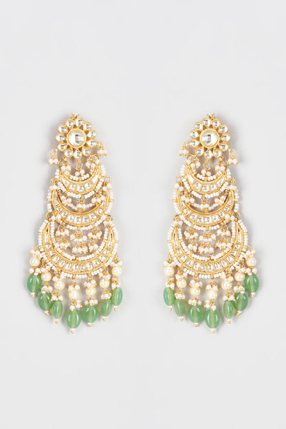 Gold Finish Kundan Polki & Green Stone Dangler Earrings
