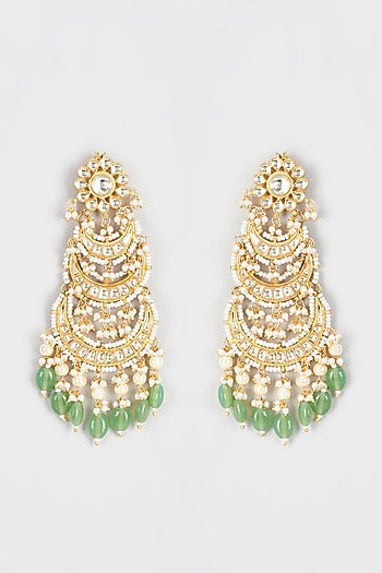 Gold Finish Kundan Polki & Green Stone Dangler Earrings