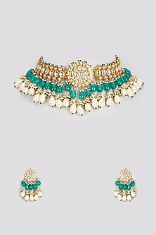 Gold Finish Kundan Polki & Green Beaded Choker Necklace Set