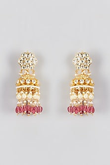 Gold Finish Kundan Polki & Baby Pink Drop Jhumka Earrings