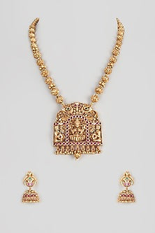 Gold Finish Ruby & Green Onyx Long Temple Necklace Set
