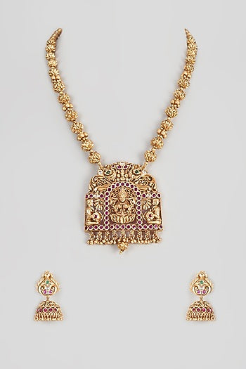 Gold Finish Ruby & Green Onyx Long Temple Necklace Set