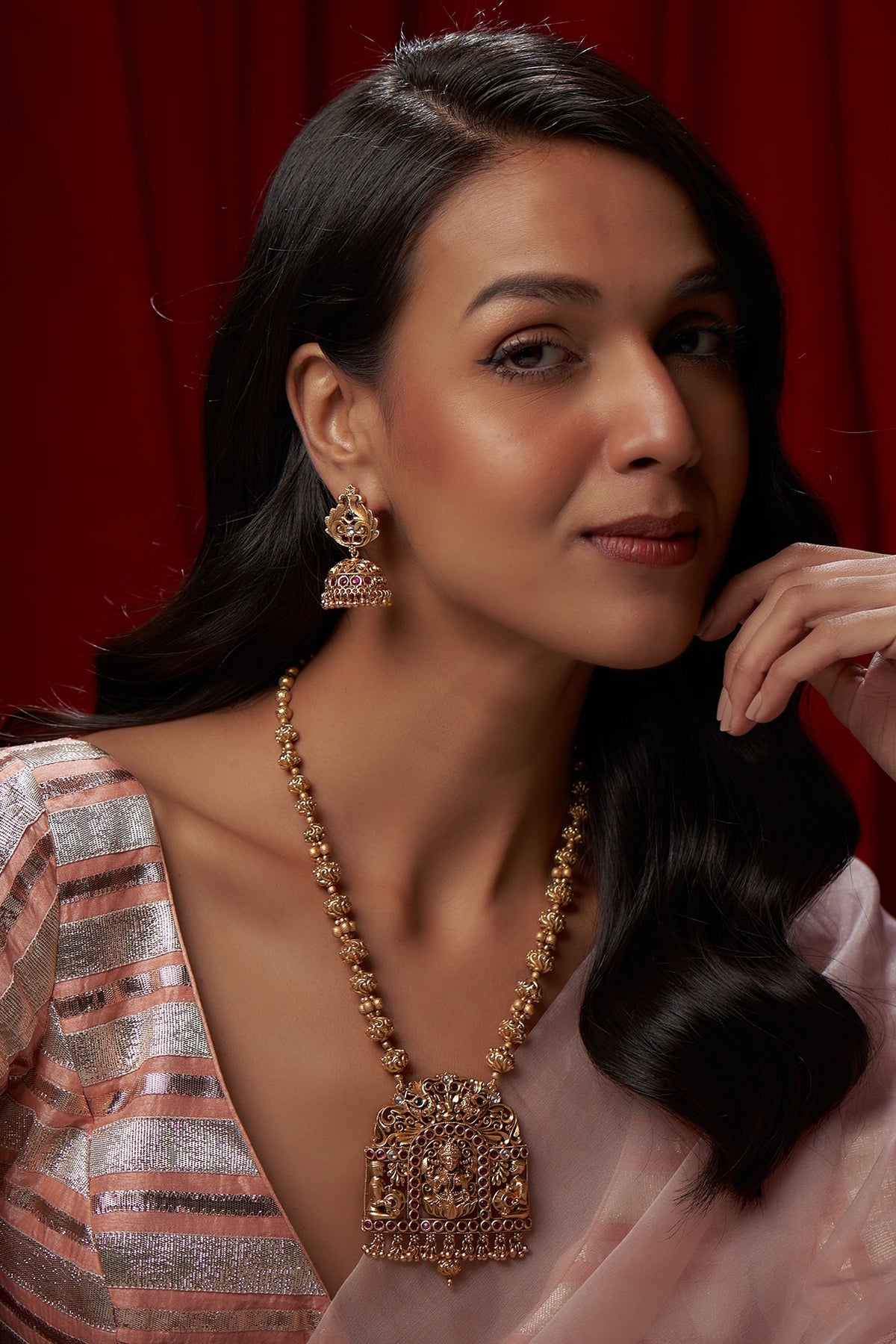 Gold Finish Ruby & Green Onyx Long Temple Necklace Set
