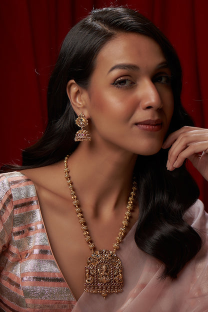 Gold Finish Ruby & Green Onyx Long Temple Necklace Set