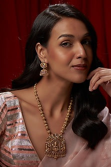 Gold Finish Ruby & Green Onyx Long Temple Necklace Set