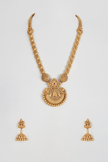 Gold Finish Long Temple Necklace Set