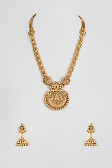Gold Finish Long Temple Necklace Set