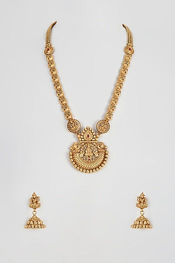 Gold Finish Long Temple Necklace Set