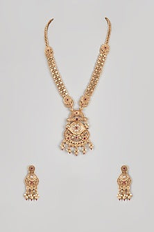Gold Finish Ruby & Green Onyx Temple Long Necklace Set