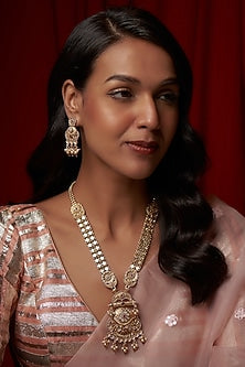 Gold Finish Ruby & Green Onyx Temple Long Necklace Set