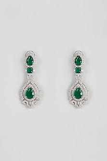 White Finish Zircon & Green Stone Dangler Earrings