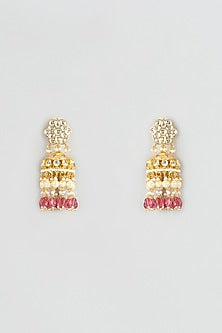 Gold Finish Kundan Polki & Baby Pink Drop Jhumka Earrings