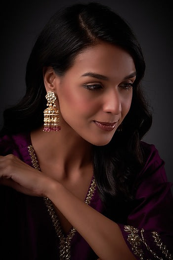 Gold Finish Kundan Polki & Baby Pink Drop Jhumka Earrings
