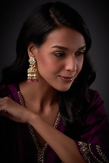 Gold Finish Kundan Polki & Baby Pink Drop Jhumka Earrings