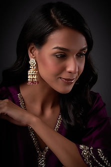 Gold Finish Kundan Polki & Baby Pink Drop Jhumka Earrings