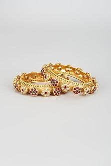 Gold Finish Kundan Polki & Red Stone Kadas (Set of 2)