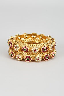 Gold Finish Kundan Polki & Red Stone Kadas (Set of 2)