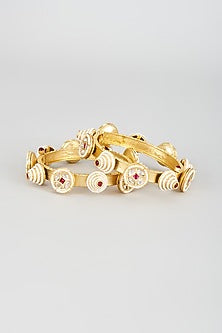 Gold Finish Kundan Polki & Pearl Bangles (Set of 2)