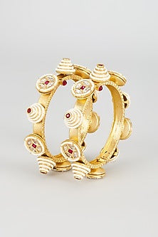 Gold Finish Kundan Polki & Pearl Bangles (Set of 2)