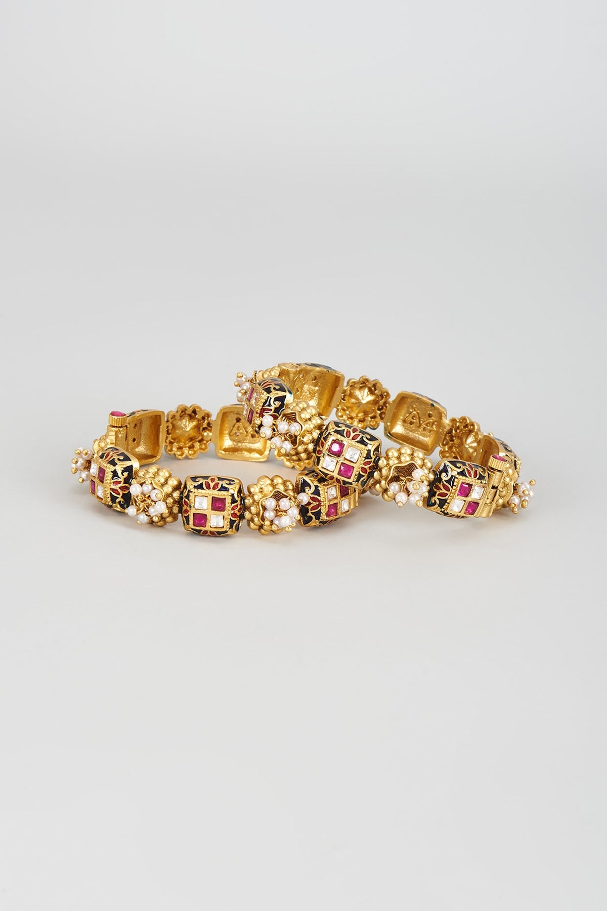 Gold Finish Kundan Polki Meenakari Openable Kadas (Set of 2)