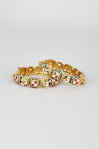 Gold Finish Kundan Polki Meenakari Openable Kadas (Set of 2)