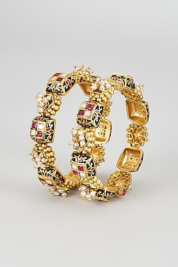 Gold Finish Kundan Polki Meenakari Openable Kadas (Set of 2)