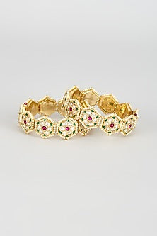 Gold Finish Kundan Polki & Pearl Bangles (Set Of 2)