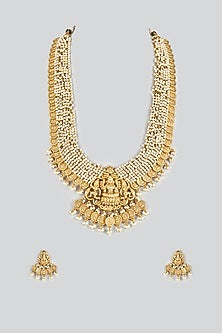 Gold Finish Pearl Long Temple Necklace Set