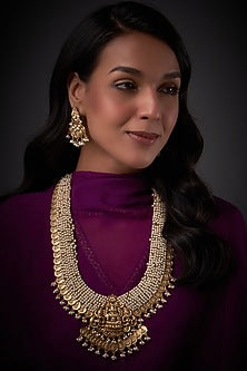 Gold Finish Pearl Long Temple Necklace Set