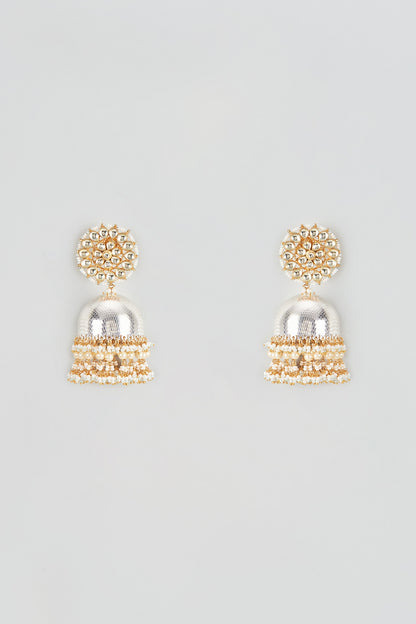 Gold Finish Kundan Polki & Pearl Drop Jhumka Earrings