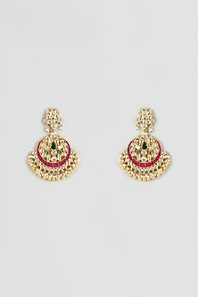 Gold Finish Red & Green Kundan Polki Chandbali Earrings