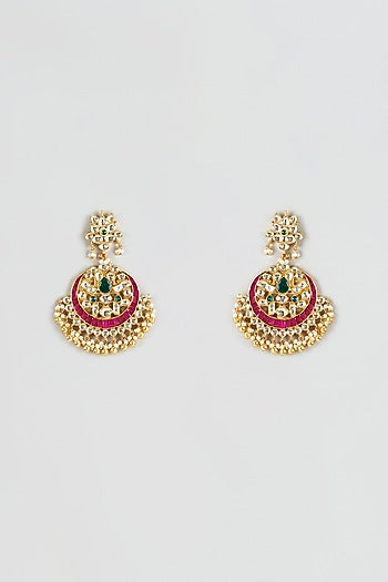 Gold Finish Red & Green Kundan Polki Chandbali Earrings