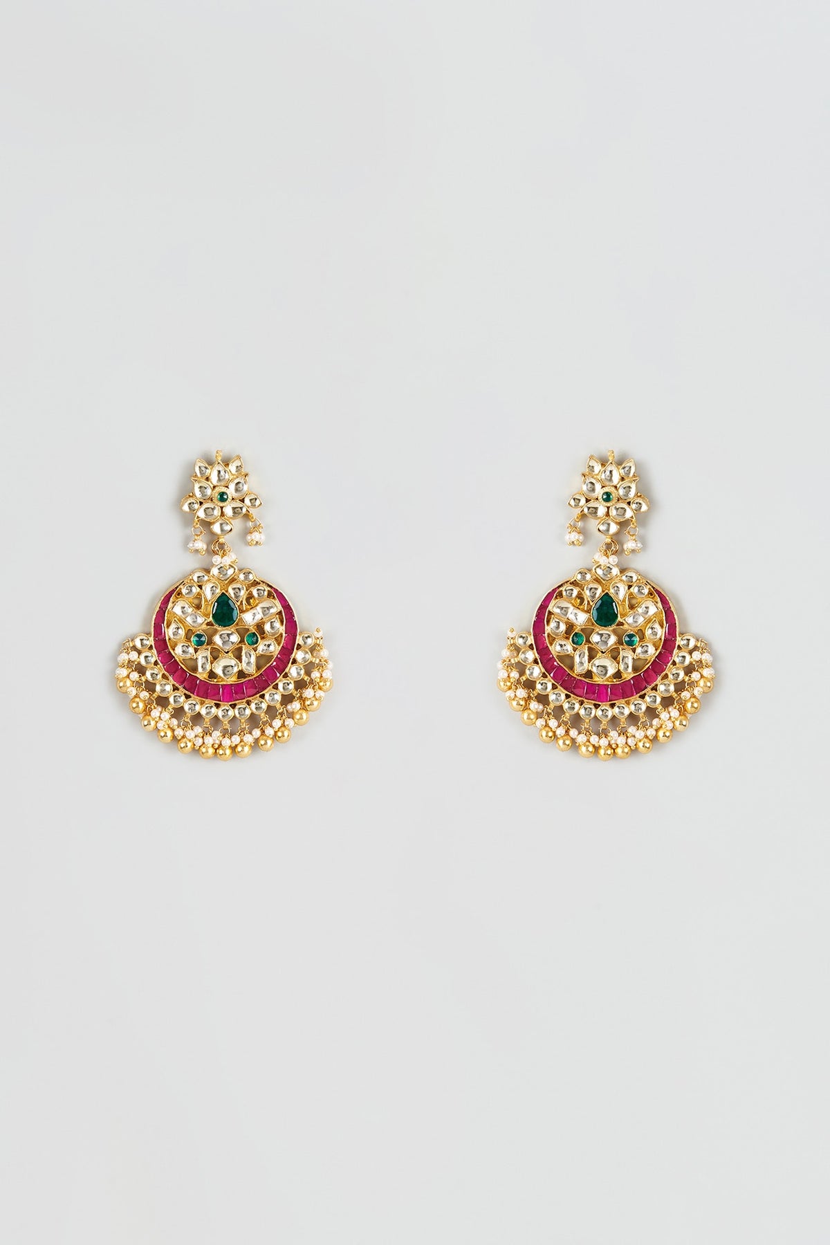 Gold Finish Red & Green Kundan Polki Chandbali Earrings