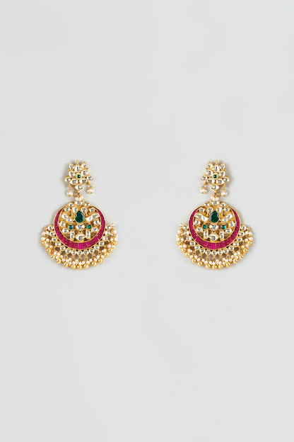 Gold Finish Red & Green Kundan Polki Chandbali Earrings