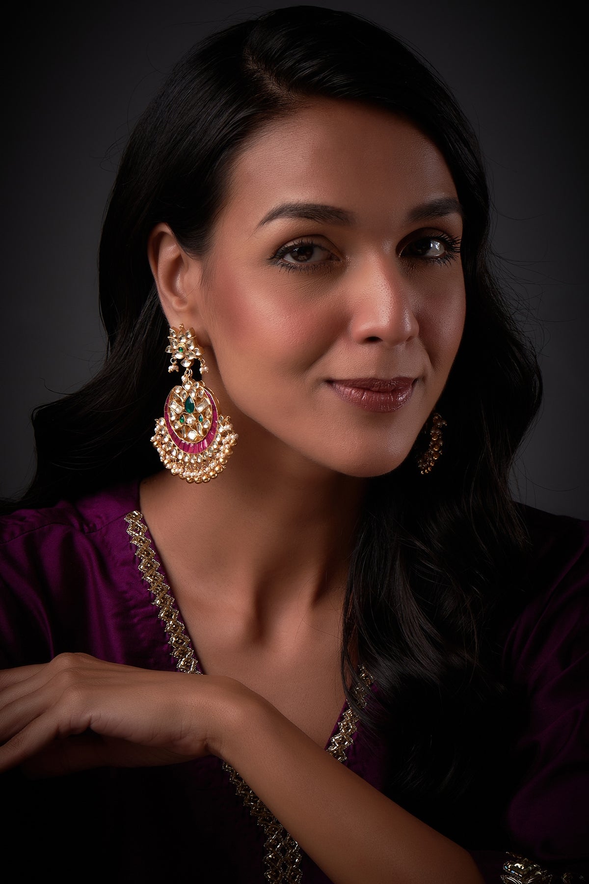 Gold Finish Red & Green Kundan Polki Chandbali Earrings