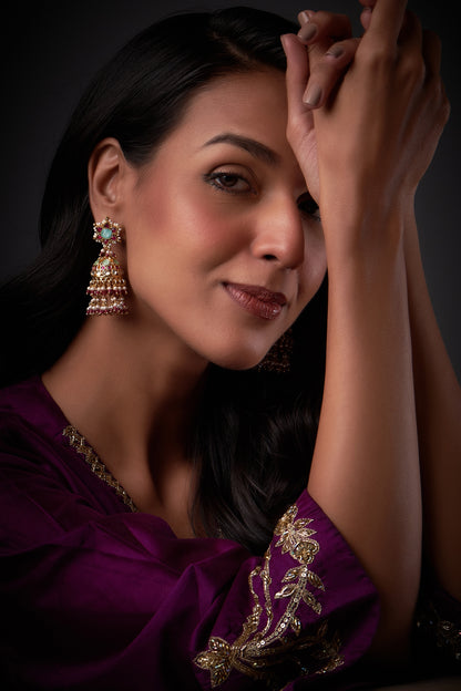 Gold Finish Kundan Polki Jhumka Earrings