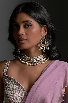 Gold Finish Kundan Polki & Multi-Colored Stone Choker Necklace Set