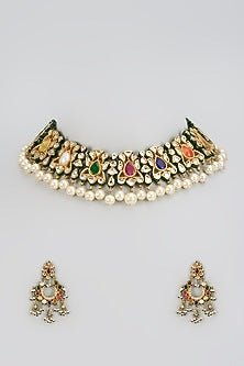 Gold Finish Kundan Polki & Multi-Colored Stone Choker Necklace Set