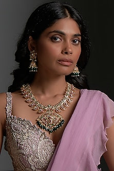 Gold Finish Kundan Polki & Multi-Colored Stone Long Necklace Set
